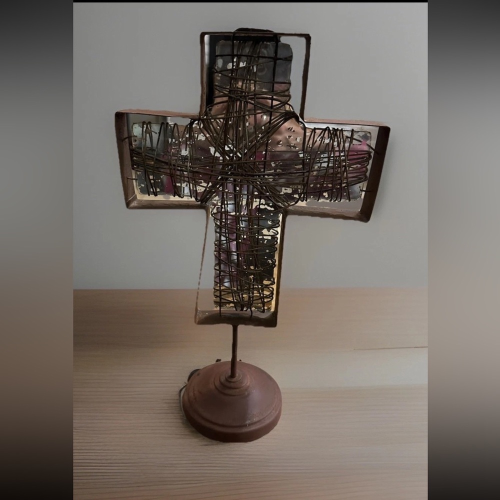 Vintage Handmade Rustic Brutalist Wire Wrapped Mirrored Cross 13.5”